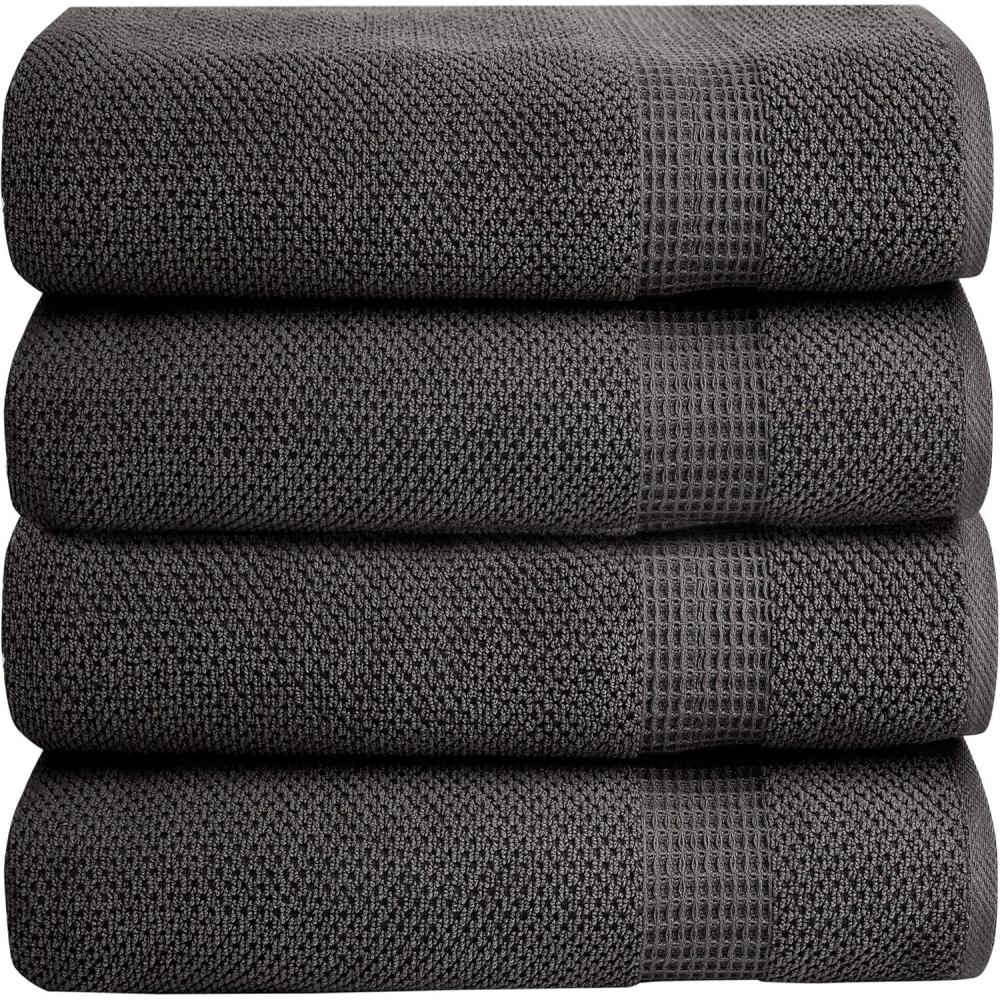 imageBella 4PC Bath Towel Set 100 Combed Cotton 550 GSM Ultra Soft Absorbent Popcorn Weave Variety of Colors Dark Grey