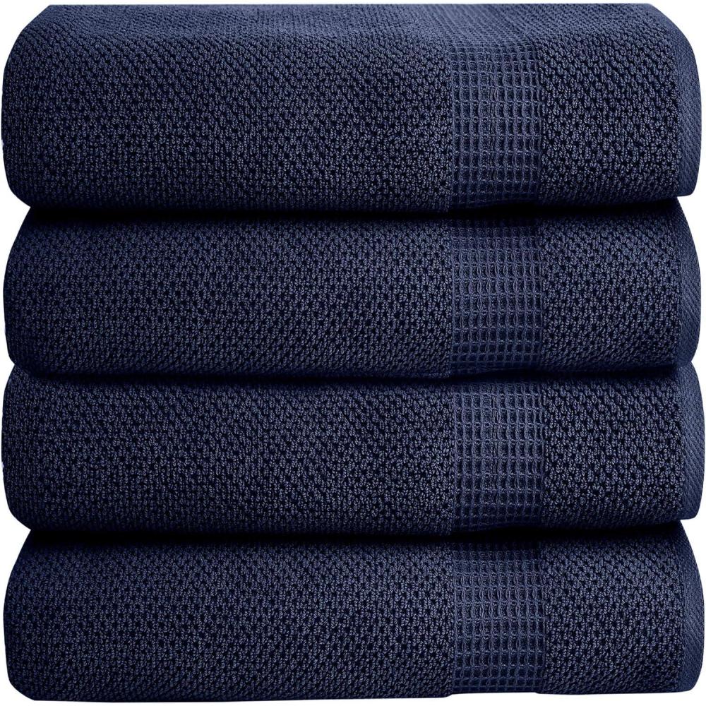 imageBella 4PC Bath Towel Set  100 Combed Cotton 550 GSM Ultra Soft Absorbent Popcorn Weave  Variety of Colors Navy