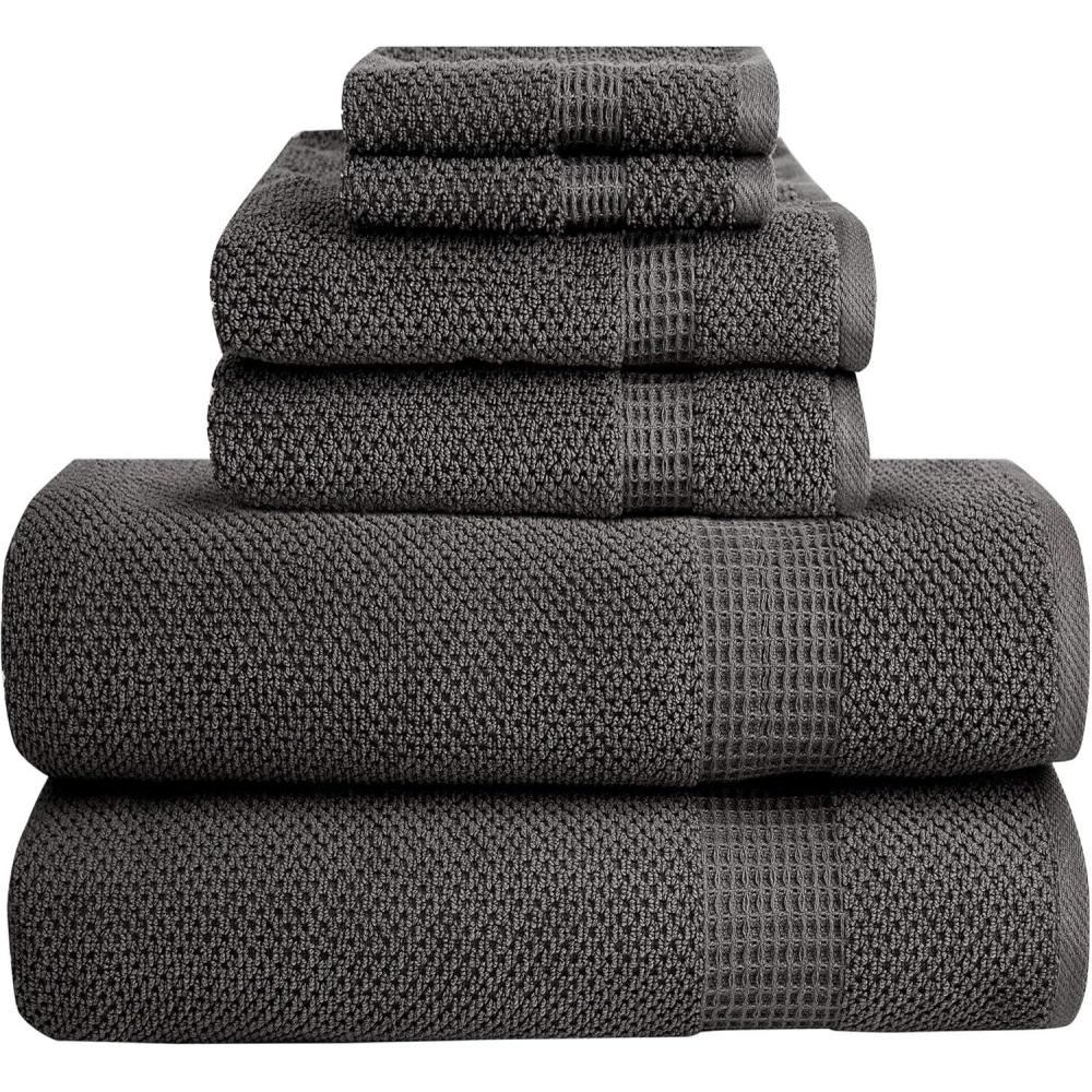 imageBella 6 PC Towel Set 100 Combed Cotton Dark Grey Popcorn Weave Design Ultra Soft amp Highly Absorbent 2 Bath Towels 2 Hand Towels 2 Wash Cloths 550 GSM 6 Pack