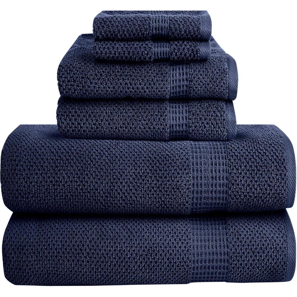 imageBella 6 PC Towel Set 100 Combed Cotton Navy Popcorn Weave Design Ultra Soft amp Highly Absorbent 2 Bath Towels 2 Hand Towels 2 Wash Cloths 550 GSM 6 Pack