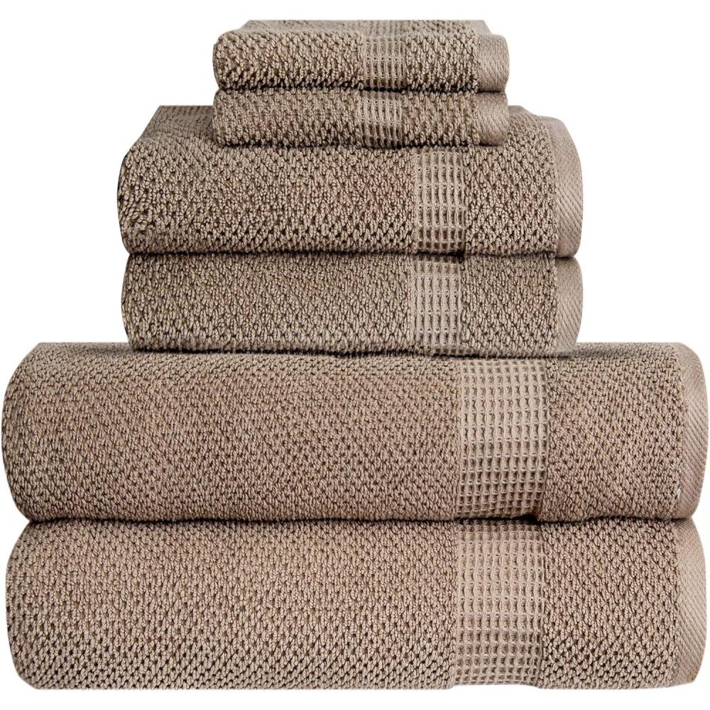 imageBella 6 PC Towel Set 100 Combed Cotton Tan Popcorn Weave Design Ultra Soft amp Highly Absorbent 2 Bath Towels 2 Hand Towels 2 Wash Cloths 550 GSM 6 Pack