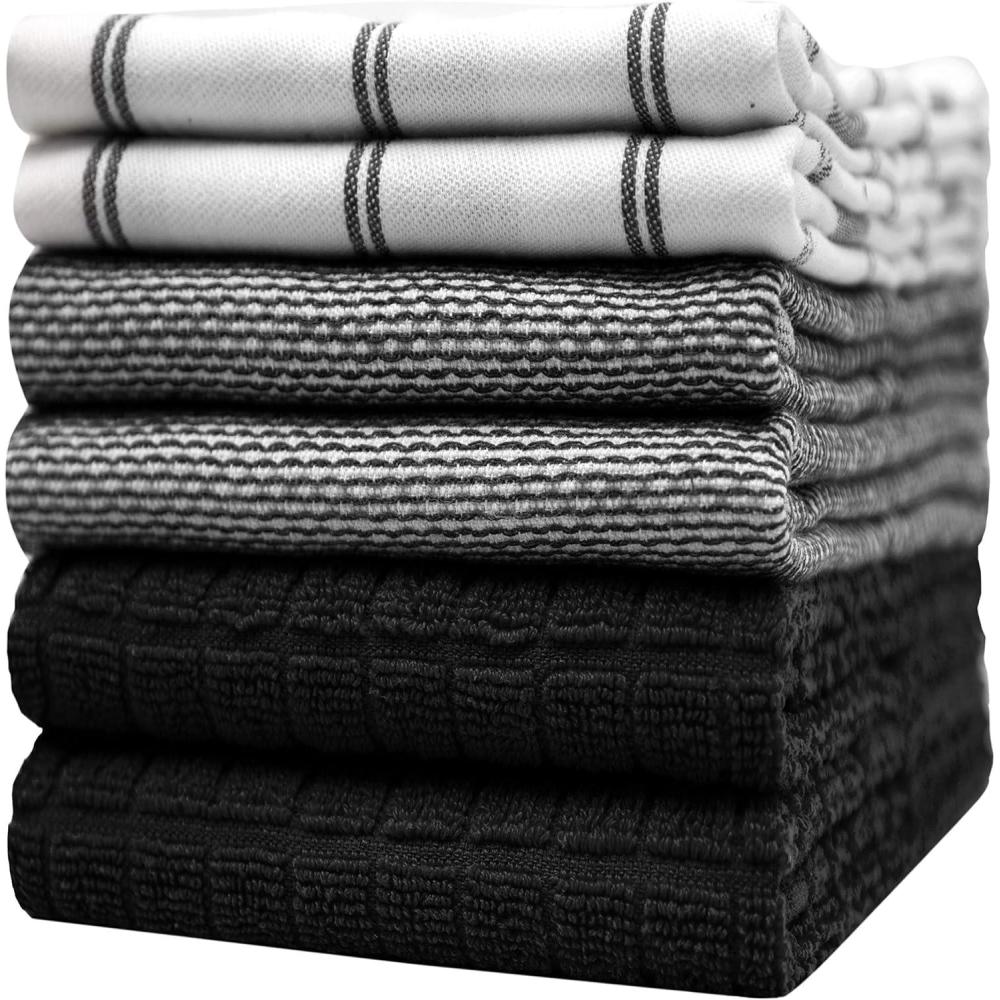 imagePremium Kitchen Towels 20x 28 6 Pack Large Cotton Dish Towels Flat amp Terry Highly Absorbent Kitchen Linen Set with Hanging Loop GrayBlack Check