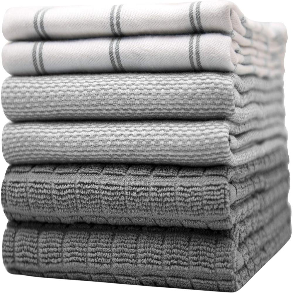 imagePremium Kitchen Towels 20x 28 6 Pack Large Cotton Dish Towels Flat amp Terry Highly Absorbent Kitchen Linen Set with Hanging Loop GrayGrey Check
