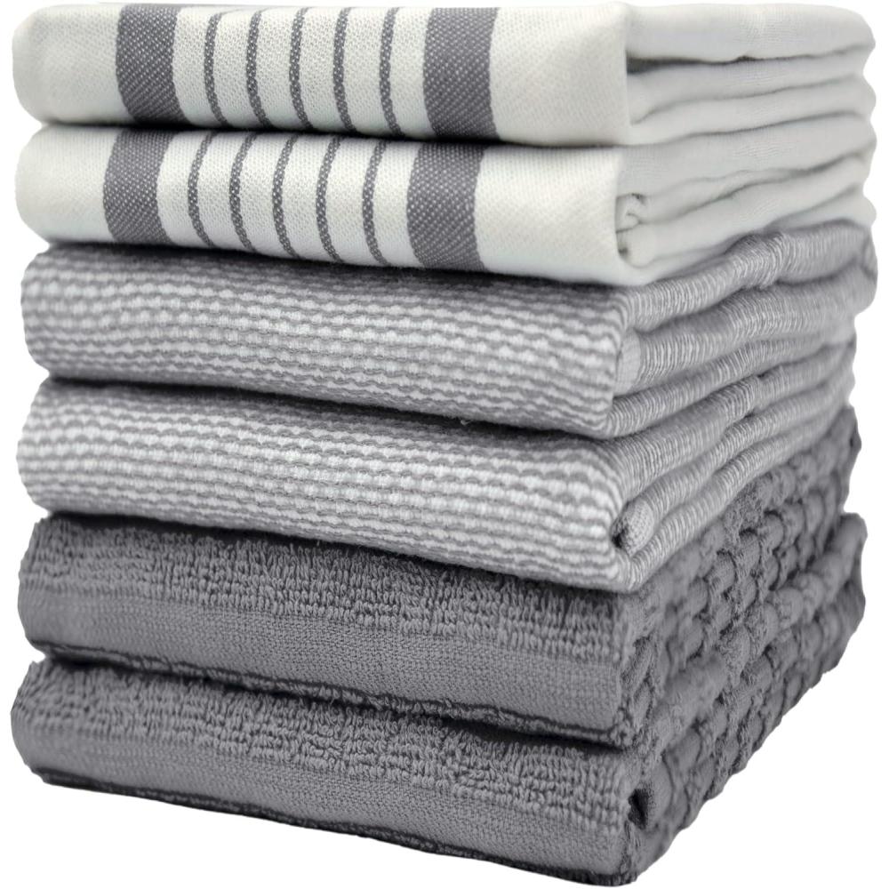 imagePremium Kitchen Towels 20x 28 6 Pack Large Cotton Dish Towels Flat amp Terry Highly Absorbent Kitchen Linen Set with Hanging Loop GrayGrey Striped