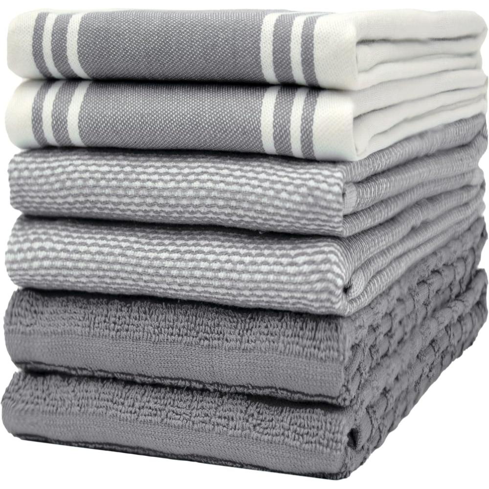 imagePremium Kitchen Towels 20x 28 6 Pack Large Cotton Dish Towels Flat amp Terry Highly Absorbent Kitchen Linen Set with Hanging Loop GrayGrey Wide Stripe
