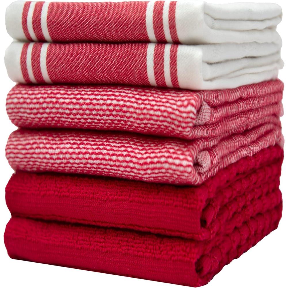 imagePremium Kitchen Towels 20x 28 6 Pack Large Cotton Dish Towels Flat amp Terry Highly Absorbent Kitchen Linen Set with Hanging Loop GrayRed Wide Stripe