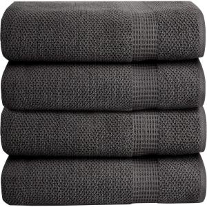 Bella 4PC Bath Towel Set – 100% Combed Cotton 550 GSM, Ultra Soft, Absorbent, Popcorn Weave – Variety of Colors (Dark Grey)