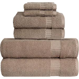 Bella 6 PC Towel Set | 100% Combed Cotton, Tan Popcorn Weave Design | Ultra Soft & Highly Absorbent | 2 Bath Towels, 2 Hand Towels, 2 Wash Cloths | 550 GSM – 6 Pack