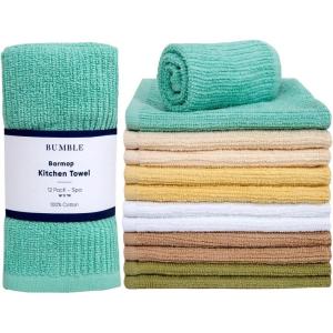 Bumble Deluxe Bar Towels | 16” x 19” Premium Bar Mop for Kitchen | Super Absorbent Kitchen Towels | 100% Cotton Heavy Weight 2-ply Yarn | Ribbed Weave (12 Pack) (SPA)(Spa)