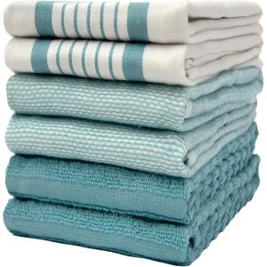 Premium Kitchen Towels (20”x 28”, 6 Pack) | Large Cotton Dish Towels | Flat & Terry Highly Absorbent Kitchen Linen Set with Hanging Loop | Gray(Aqua Striped)