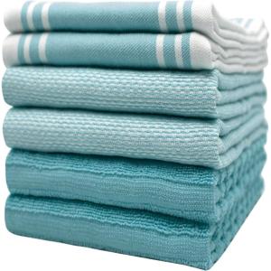 Premium Kitchen Towels (20”x 28”, 6 Pack) | Large Cotton Dish Towels | Flat & Terry Highly Absorbent Kitchen Linen Set with Hanging Loop | Gray(Aqua Wide Stripe)