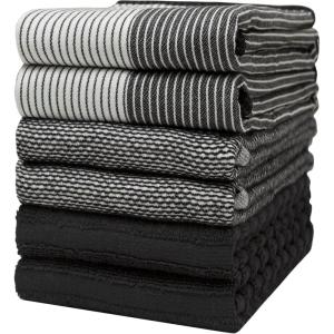 Premium Kitchen Towels (20”x 28”, 6 Pack) | Large Cotton Dish Towels | Flat & Terry Highly Absorbent Kitchen Linen Set with Hanging Loop | Gray(Black)