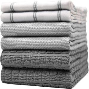 Premium Kitchen Towels (20”x 28”, 6 Pack) | Large Cotton Dish Towels | Flat & Terry Highly Absorbent Kitchen Linen Set with Hanging Loop | Gray(Grey Check)