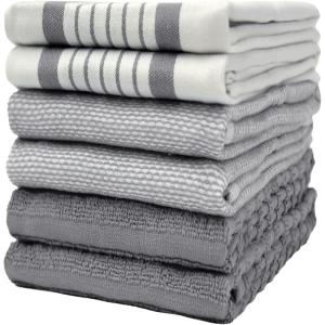 Premium Kitchen Towels (20”x 28”, 6 Pack) | Large Cotton Dish Towels | Flat & Terry Highly Absorbent Kitchen Linen Set with Hanging Loop | Gray(Grey Striped)