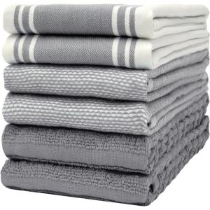 Premium Kitchen Towels (20”x 28”, 6 Pack) | Large Cotton Dish Towels | Flat & Terry Highly Absorbent Kitchen Linen Set with Hanging Loop | Gray(Grey Wide Stripe)