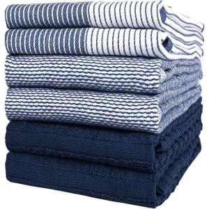 Premium Kitchen Towels (20”x 28”, 6 Pack) | Large Cotton Dish Towels | Flat & Terry Highly Absorbent Kitchen Linen Set with Hanging Loop | Gray(Navy Blue)
