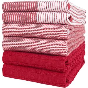 Premium Kitchen Towels (20”x 28”, 6 Pack) | Large Cotton Dish Towels | Flat & Terry Highly Absorbent Kitchen Linen Set with Hanging Loop | Gray(Red)
