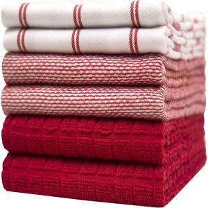 Premium Kitchen Towels (20”x 28”, 6 Pack) | Large Cotton Dish Towels | Flat & Terry Highly Absorbent Kitchen Linen Set with Hanging Loop | Gray(Red Check)