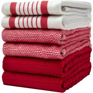 Premium Kitchen Towels (20”x 28”, 6 Pack) | Large Cotton Dish Towels | Flat & Terry Highly Absorbent Kitchen Linen Set with Hanging Loop | Gray(Red Striped)