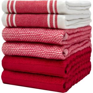 Premium Kitchen Towels (20”x 28”, 6 Pack) | Large Cotton Dish Towels | Flat & Terry Highly Absorbent Kitchen Linen Set with Hanging Loop | Gray(Red Wide Stripe)