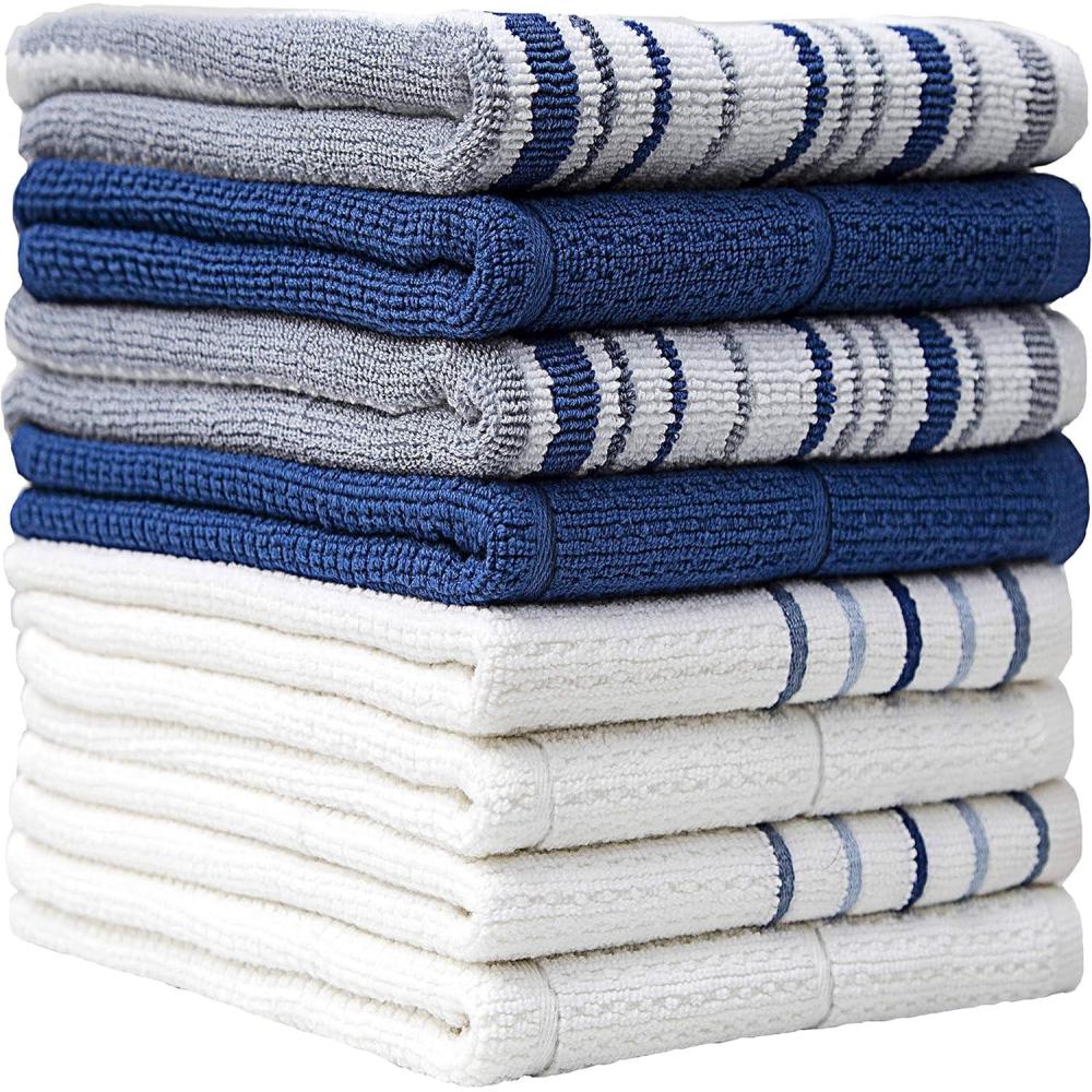 imagePack of 8 Premium Kitchen Towels Set Striped Waffle Yarn Dyed Kitchen Hand Towels Large 420 GSM Ultra Absorbent Dish Towels for Drying Dishes Cotton Tea Towels BlueBlue