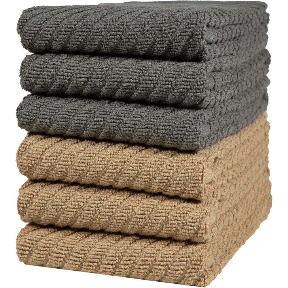 imagePremium Kitchen Towels 16x 25 6 Pack Large Cotton Kitchen Hand Towels Dish Towels Diagonal Weave Design 445 GSM Highly Absorbent Tea Towels Set with Hanging Loop GreyGrey Tan