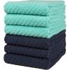 Premium Kitchen Towels (16”x 25”, 6 Pack) | Large Cotton Kitchen Hand Towels | Dish Towels | Diagonal Weave Design | 445 GSM Highly Absorbent Tea Towels Set with Hanging Loop | Grey(Aqua & Navy)