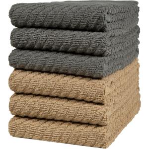 Premium Kitchen Towels (16”x 25”, 6 Pack) | Large Cotton Kitchen Hand Towels | Dish Towels | Diagonal Weave Design | 445 GSM Highly Absorbent Tea Towels Set with Hanging Loop | Grey(Grey & Tan)
