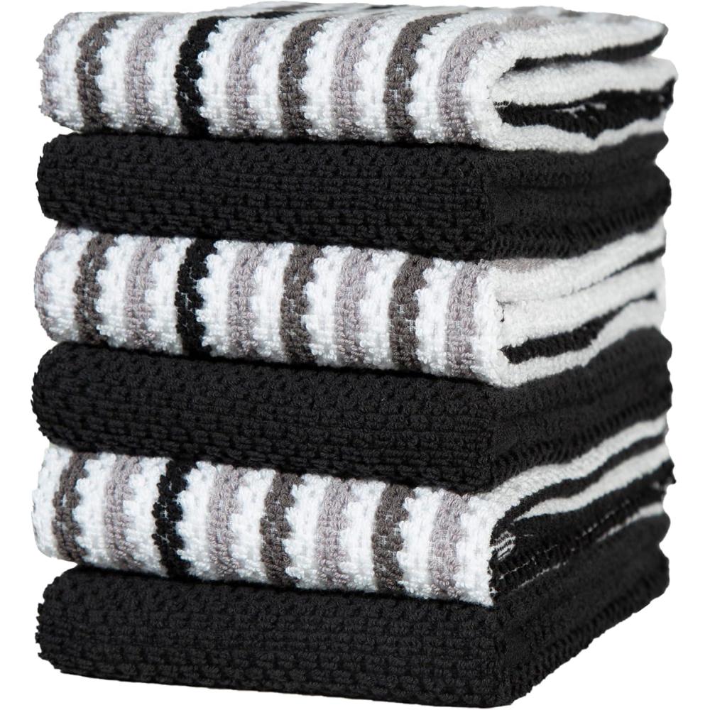 imageKitchen Towels 16x 26 6 Pack Large Cotton Dish Towels Popcorn Stripe Design 430 GSM Highly Absorbent with Hanging Loop GrayBlack Wide Stripes