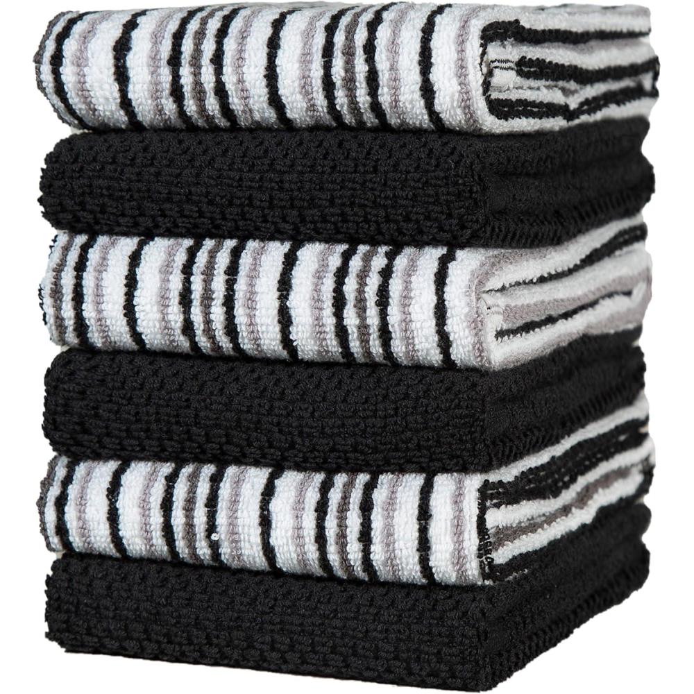 imageKitchen Towels 16x 26 6 Pack Large Cotton Dish Towels Popcorn Stripe Design 430 GSM Highly Absorbent with Hanging Loop GrayBlack