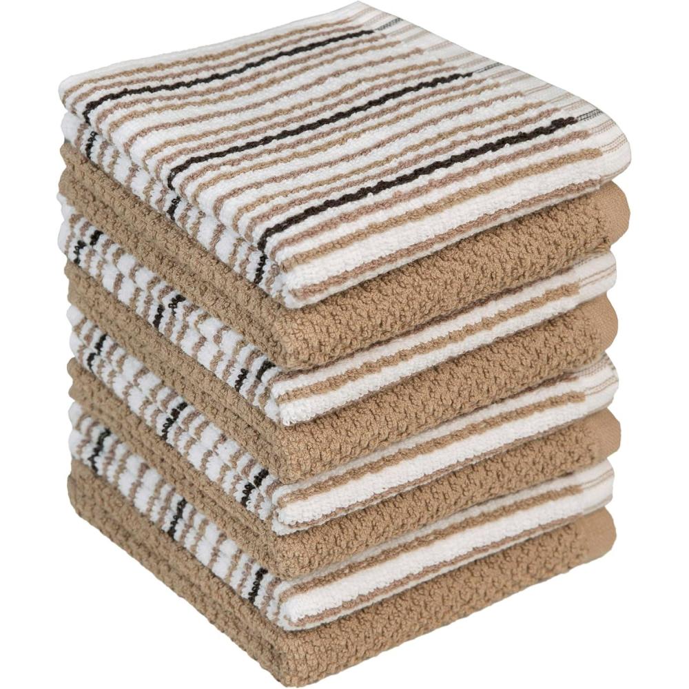 imageKitchen Towels 16x 26 6 Pack Large Cotton Dish Towels Popcorn Stripe Design 430 GSM Highly Absorbent with Hanging Loop GrayTan