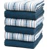 Kitchen Towels 16”x 26” – 6 Pack | Large Cotton Dish Towels | Popcorn Stripe Design | 430 GSM Highly Absorbent with Hanging Loop | Gray(Blue)