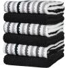Kitchen Towels 16”x 26” – 6 Pack | Large Cotton Dish Towels | Popcorn Stripe Design | 430 GSM Highly Absorbent with Hanging Loop | Gray(Black – Wide Stripes)