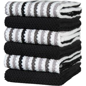 Kitchen Towels 16”x 26” – 6 Pack | Large Cotton Dish Towels | Popcorn Stripe Design | 430 GSM Highly Absorbent with Hanging Loop | Gray(Black – Wide Stripes)