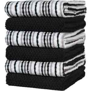 Kitchen Towels 16”x 26” – 6 Pack | Large Cotton Dish Towels | Popcorn Stripe Design | 430 GSM Highly Absorbent with Hanging Loop | Gray(Black)