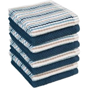 Kitchen Towels 16”x 26” – 6 Pack | Large Cotton Dish Towels | Popcorn Stripe Design | 430 GSM Highly Absorbent with Hanging Loop | Gray(Blue)