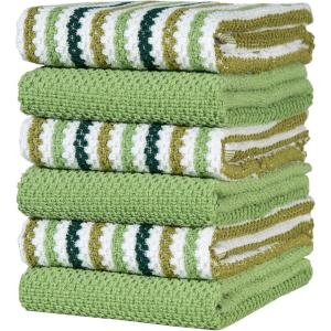 Kitchen Towels 16”x 26” – 6 Pack | Large Cotton Dish Towels | Popcorn Stripe Design | 430 GSM Highly Absorbent with Hanging Loop | Gray(Sage – Wide Stripes)