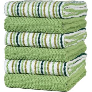 Kitchen Towels 16”x 26” – 6 Pack | Large Cotton Dish Towels | Popcorn Stripe Design | 430 GSM Highly Absorbent with Hanging Loop | Gray(Sage)