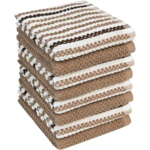 Kitchen Towels 16”x 26” – 6 Pack | Large Cotton Dish Towels | Popcorn Stripe Design | 430 GSM Highly Absorbent with Hanging Loop | Gray(Tan – Wide Stripes)