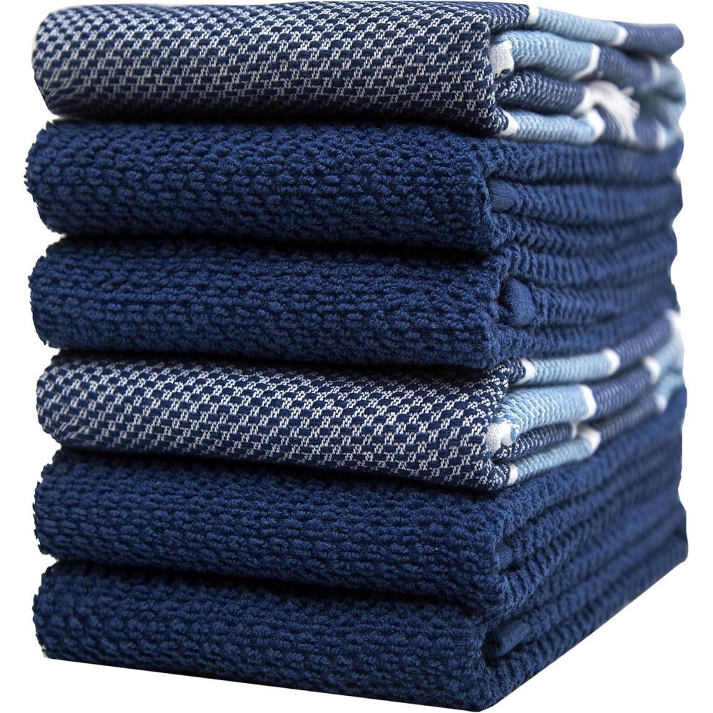 imagePremium Kitchen Towels 16x 28 6 Pack 3 pc Yarn Dyed  3 Solid  Multiple Kitchen Towel Set Design  380 GSM Highly Absorbent Tea Towels Set with Hanging Loop TanWeave DesignDark Light Blue
