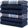 Premium Kitchen Towels (16”x 28”, 6 Pack), 3 pc Yarn Dyed + 3 Solid – Multiple Kitchen Towel Set Design – 380 GSM Highly Absorbent Tea Towels Set with Hanging Loop (Tan,Weave Design)(Dark Light Blue)