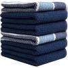 Premium Kitchen Towels (16”x 28”, 6 Pack), 3 pc Yarn Dyed + 3 Solid – Multiple Kitchen Towel Set Design – 380 GSM Highly Absorbent Tea Towels Set with Hanging Loop (Tan,Weave Design)(Dark Light Blue)