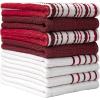 Premium Kitchen Towels (16”x 28”, 6 Pack), 3 pc Yarn Dyed + 3 Solid – Multiple Kitchen Towel Set Design – 380 GSM Highly Absorbent Tea Towels Set with Hanging Loop (Tan,Weave Design)(Red)