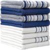 Premium Kitchen Towels (16”x 28”, 6 Pack), 3 pc Yarn Dyed + 3 Solid – Multiple Kitchen Towel Set Design – 380 GSM Highly Absorbent Tea Towels Set with Hanging Loop (Tan,Weave Design)(Blue)