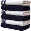 Premium Kitchen Towels (16”x 28”, 6 Pack), 3 pc Yarn Dyed + 3 Solid – Multiple Kitchen Towel Set Design – 380 GSM Highly Absorbent Tea Towels Set with Hanging Loop (Tan,Weave Design)(Navy Blue)