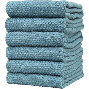 Premium Kitchen Towels (16”x 28”, 6 Pack), 3 pc Yarn Dyed + 3 Solid – Multiple Kitchen Towel Set Design – 380 GSM Highly Absorbent Tea Towels Set with Hanging Loop (Tan,Weave Design)(Aqua)
