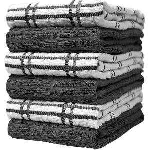 Premium Kitchen Towels (16”x 28”, 6 Pack), 3 pc Yarn Dyed + 3 Solid – Multiple Kitchen Towel Set Design – 380 GSM Highly Absorbent Tea Towels Set with Hanging Loop (Tan,Weave Design)(Grey)