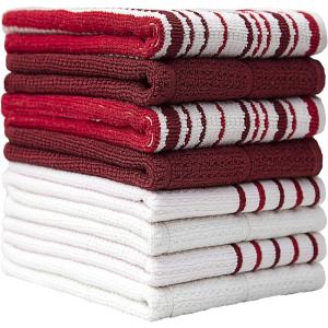 Premium Kitchen Towels (16”x 28”, 6 Pack), 3 pc Yarn Dyed + 3 Solid – Multiple Kitchen Towel Set Design – 380 GSM Highly Absorbent Tea Towels Set with Hanging Loop (Tan,Weave Design)(Red)