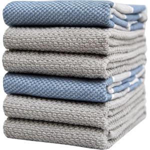 Premium Kitchen Towels (16”x 28”, 6 Pack), 3 pc Yarn Dyed + 3 Solid – Multiple Kitchen Towel Set Design – 380 GSM Highly Absorbent Tea Towels Set with Hanging Loop (Tan,Weave Design)(Aqua Grey)