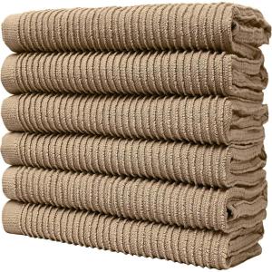 Premium Kitchen Towels (16”x 28”, 6 Pack), 3 pc Yarn Dyed + 3 Solid – Multiple Kitchen Towel Set Design – 380 GSM Highly Absorbent Tea Towels Set with Hanging Loop (Tan,Weave Design)(Tan)